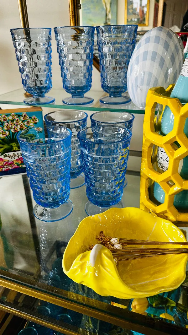 Vintage Glasses, Iced Tea, Fostoria, Colony Cube Pattern, Iced Blue, Set of 7