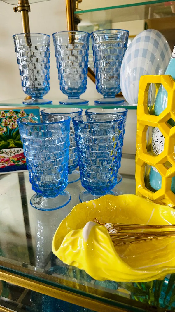 Vintage Glasses, Iced Tea, Fostoria, Colony Cube Pattern, Iced Blue, Set of 7