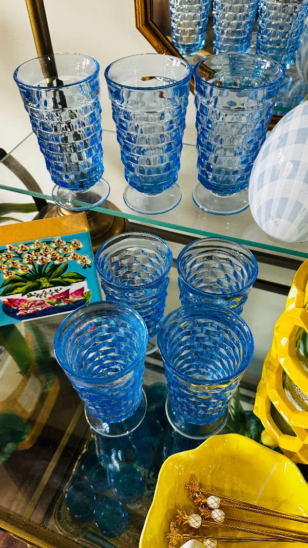 Vintage Glasses, Iced Tea, Fostoria, Colony Cube Pattern, Iced Blue, Set of 7