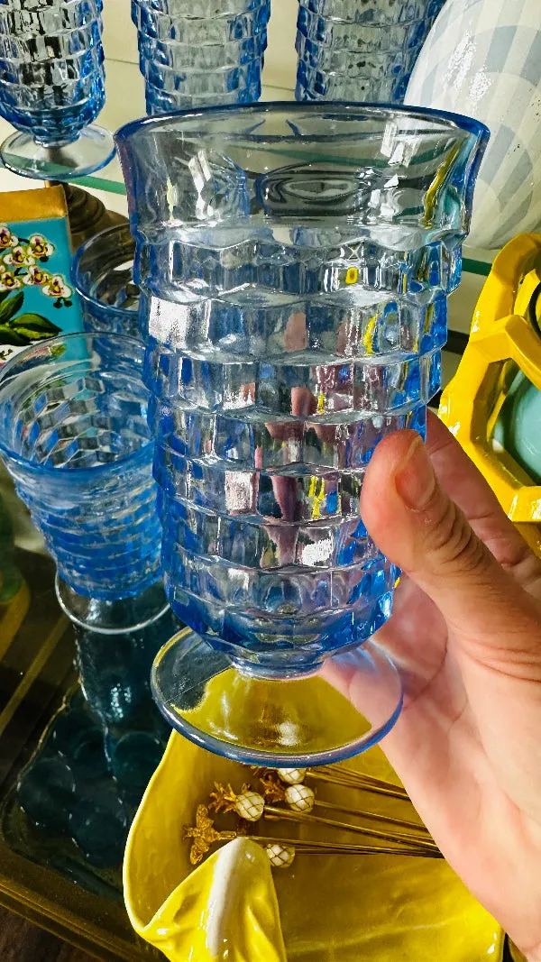 Vintage Glasses, Iced Tea, Fostoria, Colony Cube Pattern, Iced Blue, Set of 7