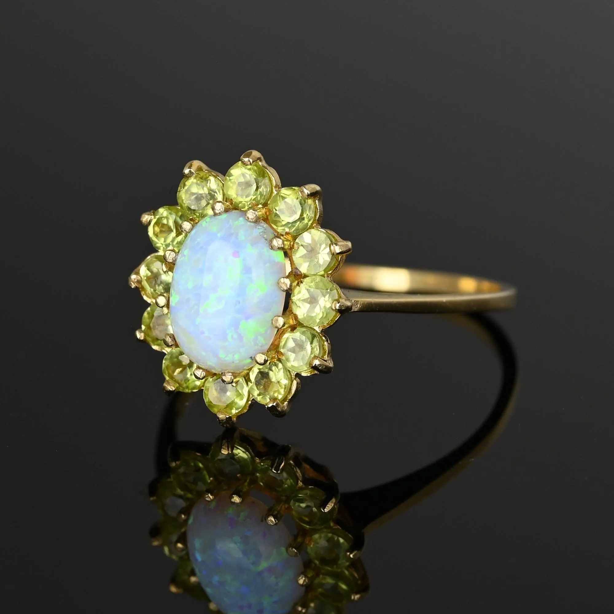 Vintage Gold Opal Cabochon Peridot Halo Ring