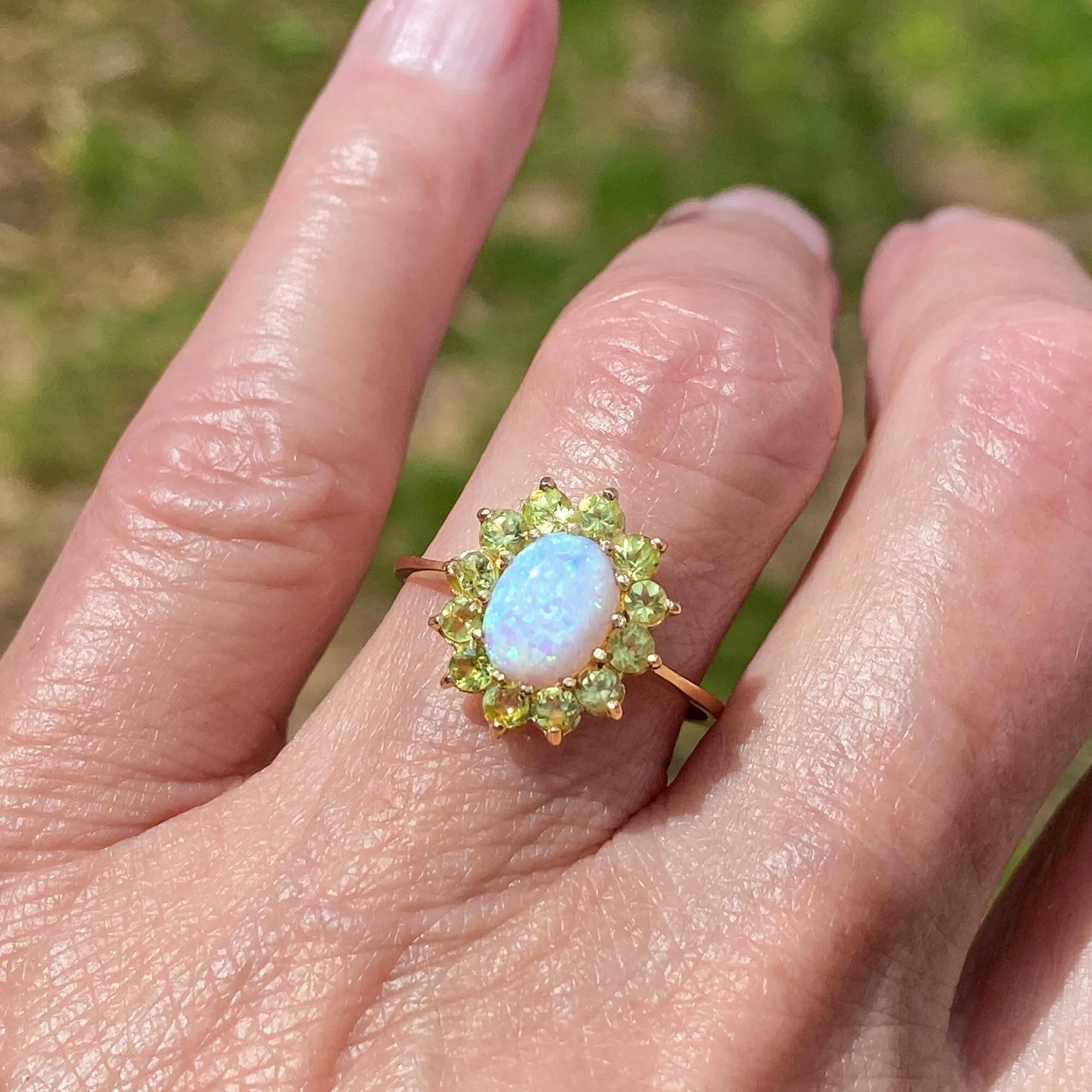 Vintage Gold Opal Cabochon Peridot Halo Ring