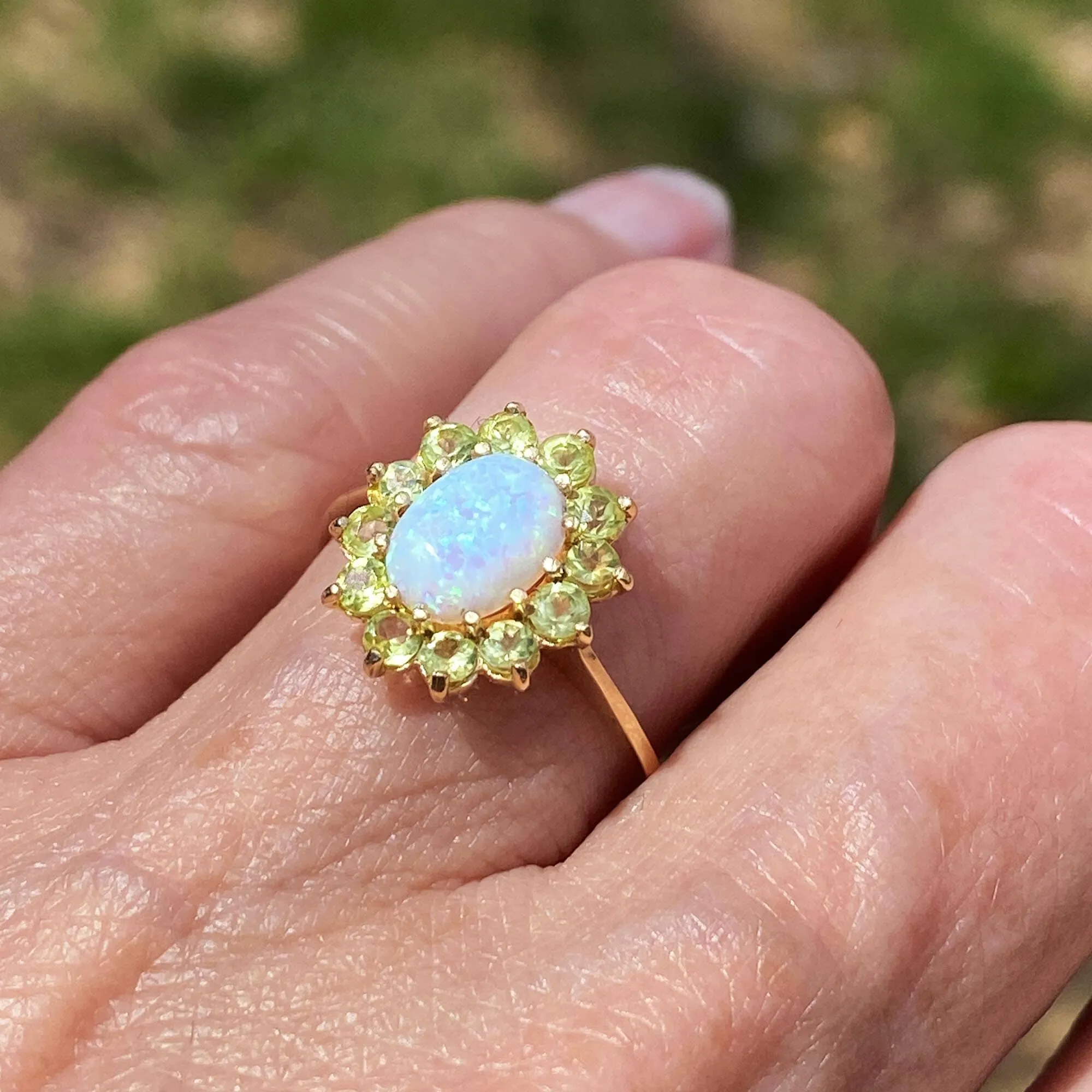 Vintage Gold Opal Cabochon Peridot Halo Ring