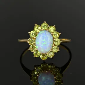 Vintage Gold Opal Cabochon Peridot Halo Ring