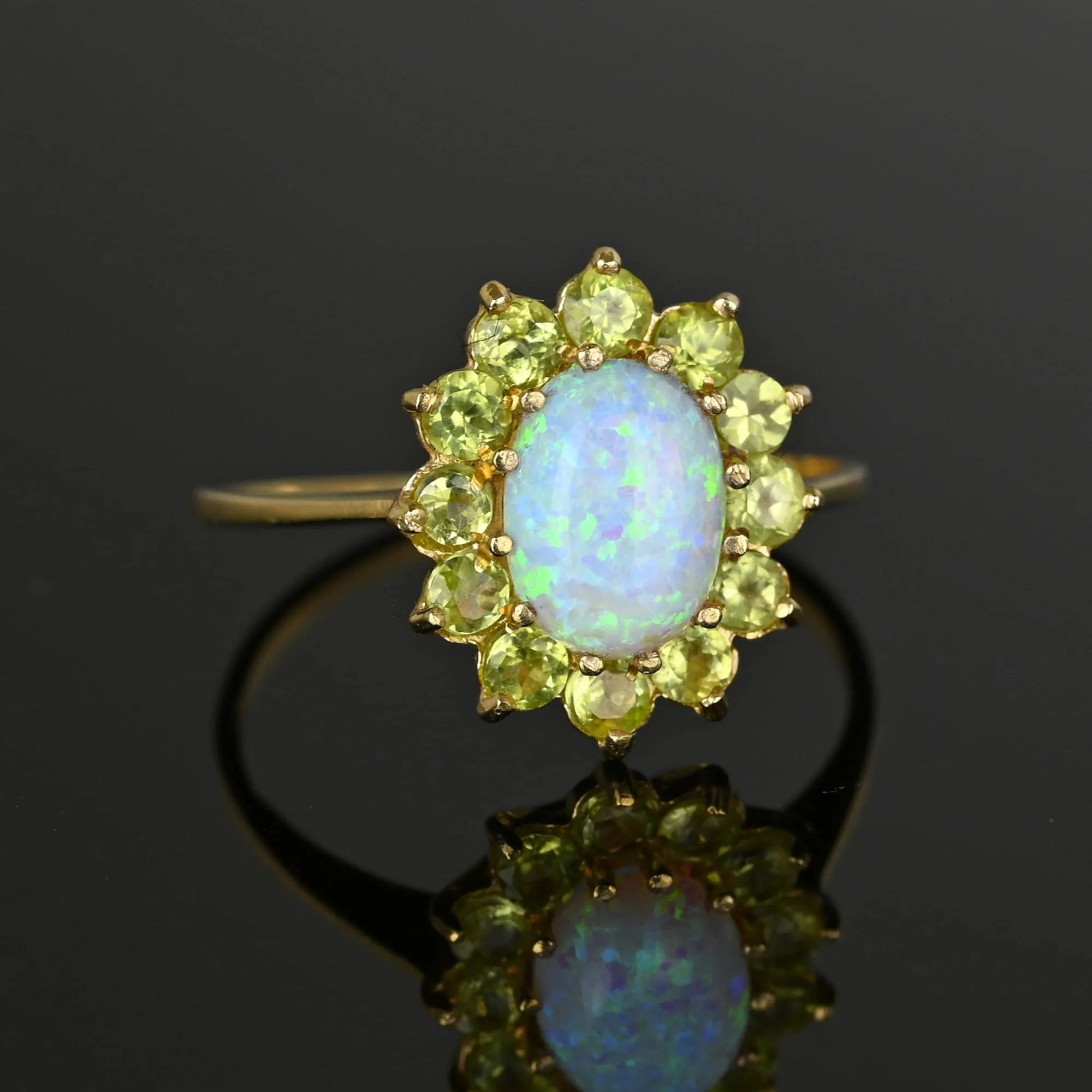 Vintage Gold Opal Cabochon Peridot Halo Ring