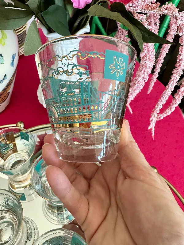 Vintage Libbey glasses, South Carolina, Lowball, Turquoise and Gold, Steamboat Pattern