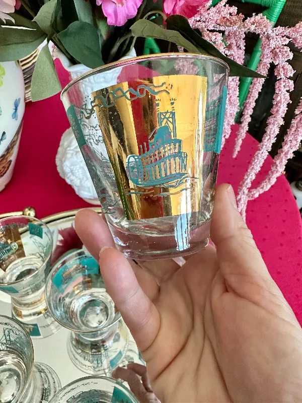 Vintage Libbey glasses, South Carolina, Lowball, Turquoise and Gold, Steamboat Pattern