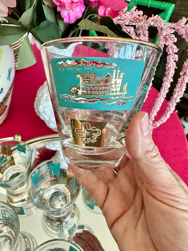 Vintage Libbey glasses, South Carolina, Lowball, Turquoise and Gold, Steamboat Pattern