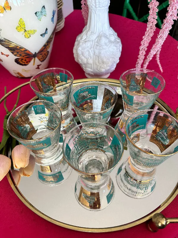 Vintage Libbey glasses, South Carolina, Lowball, Turquoise and Gold, Steamboat Pattern