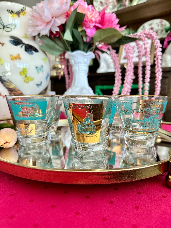 Vintage Libbey glasses, South Carolina, Lowball, Turquoise and Gold, Steamboat Pattern