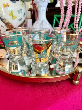 Vintage Libbey glasses, South Carolina, Lowball, Turquoise and Gold, Steamboat Pattern