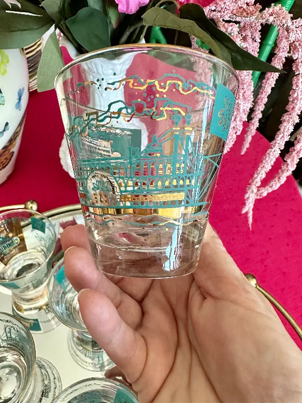 Vintage Libbey glasses, South Carolina, Lowball, Turquoise and Gold, Steamboat Pattern