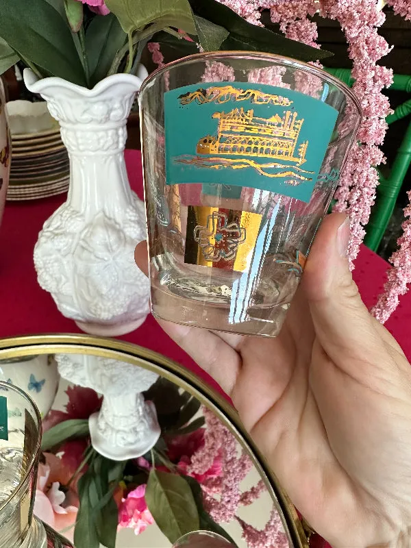 Vintage Libbey glasses, South Carolina, Lowball, Turquoise and Gold, Steamboat Pattern