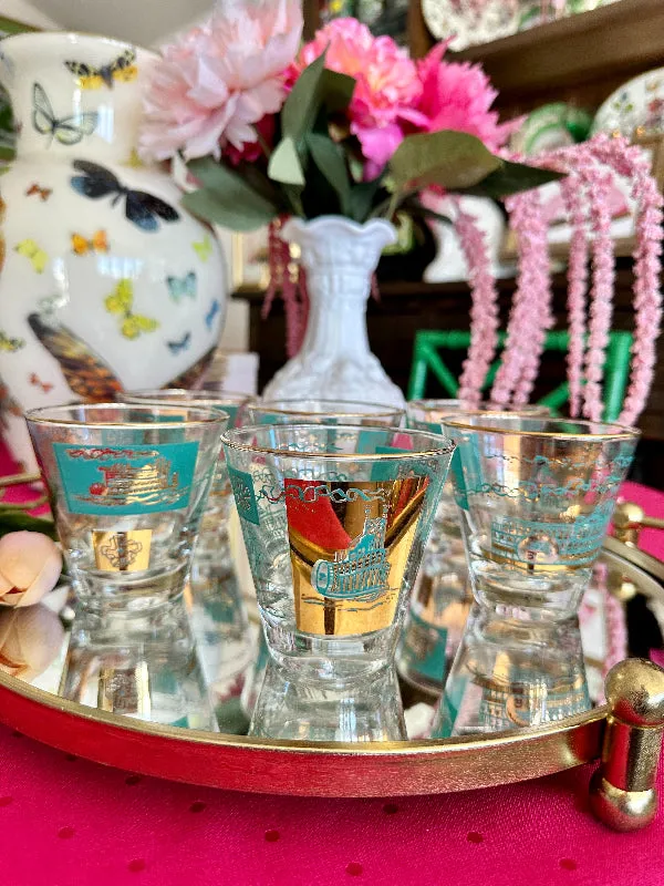 Vintage Libbey glasses, South Carolina, Lowball, Turquoise and Gold, Steamboat Pattern