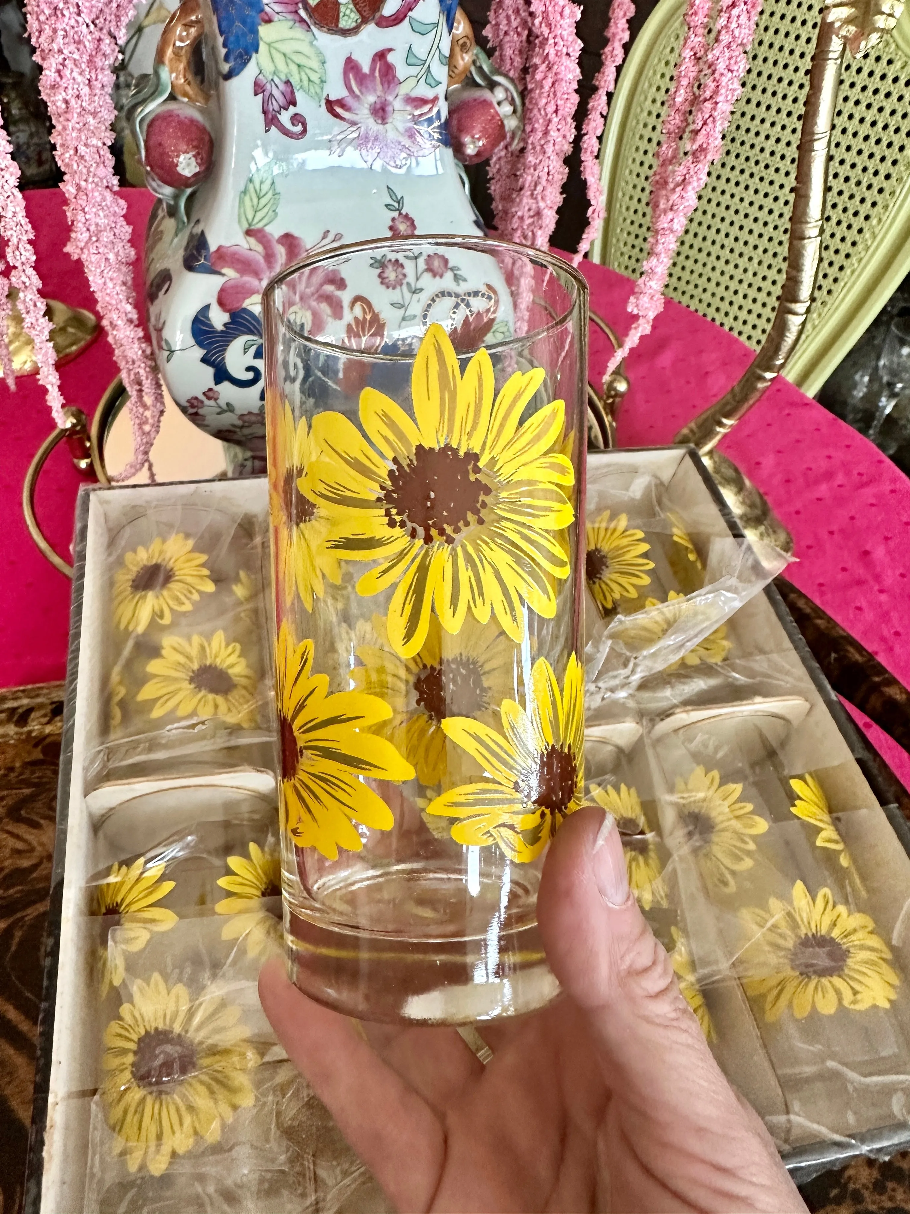 Vintage Libbey Glasses, Sunflower, Highball, Set of 8, original box