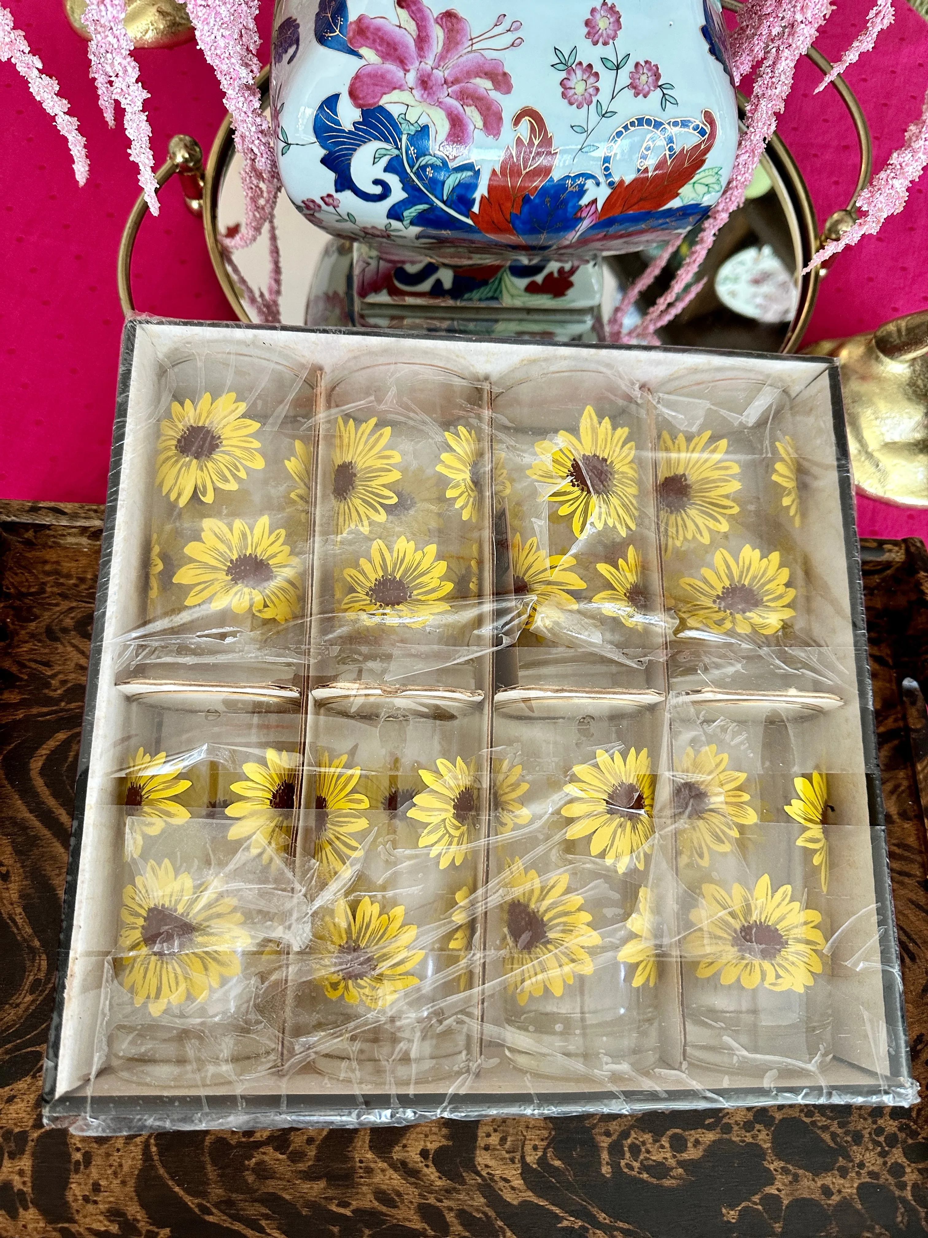 Vintage Libbey Glasses, Sunflower, Highball, Set of 8, original box
