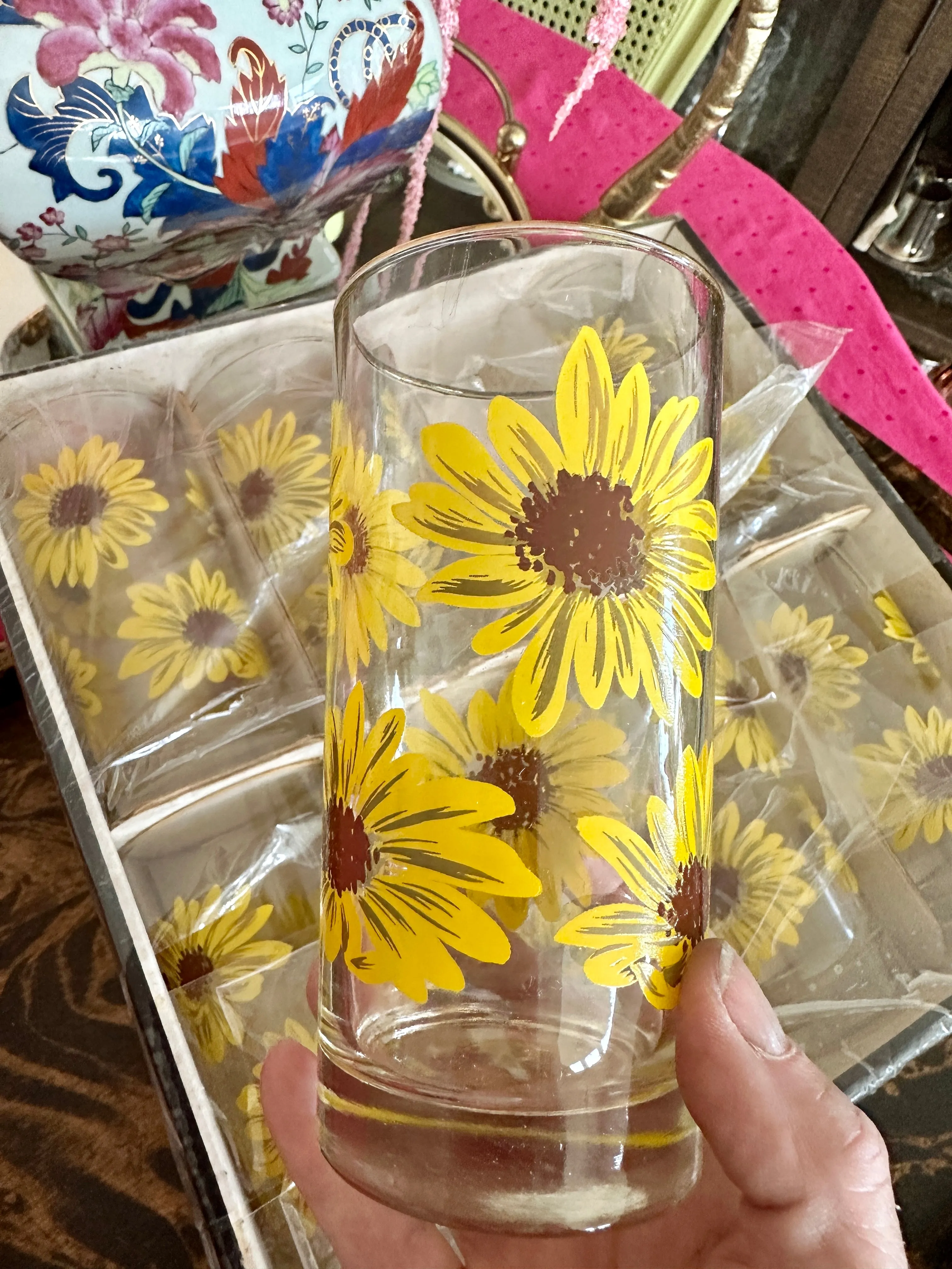 Vintage Libbey Glasses, Sunflower, Highball, Set of 8, original box