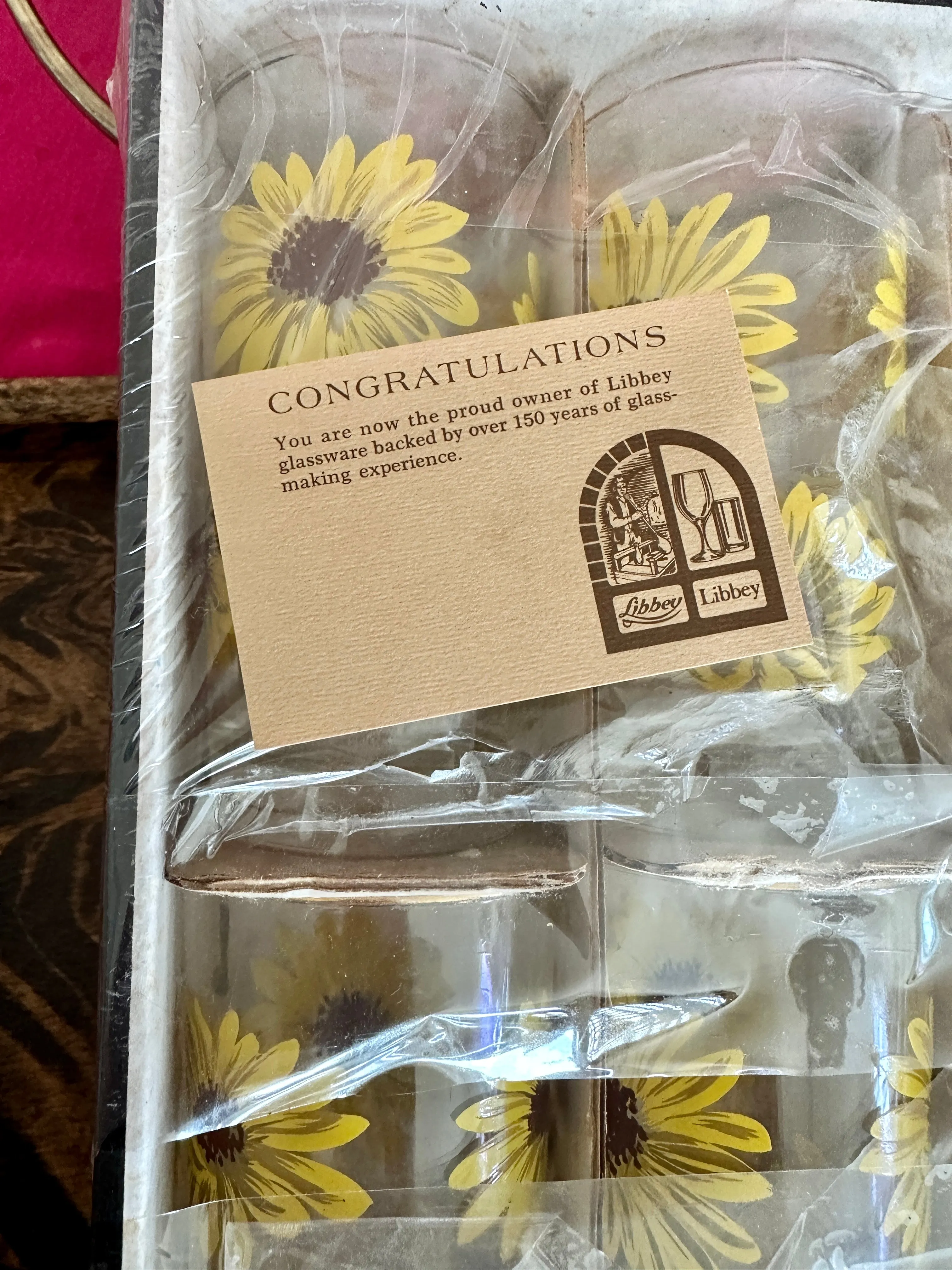 Vintage Libbey Glasses, Sunflower, Highball, Set of 8, original box