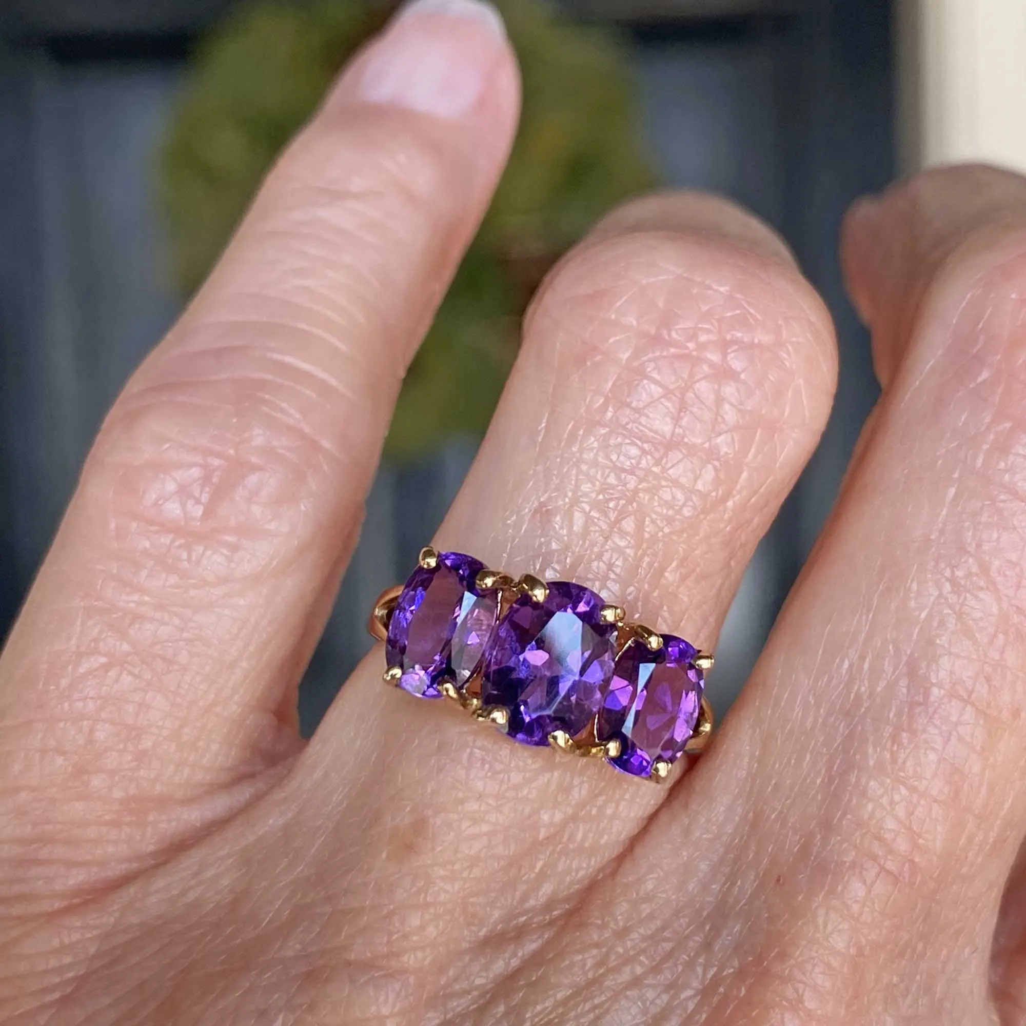 Vintage Three Stone Amethyst Ring in Gold