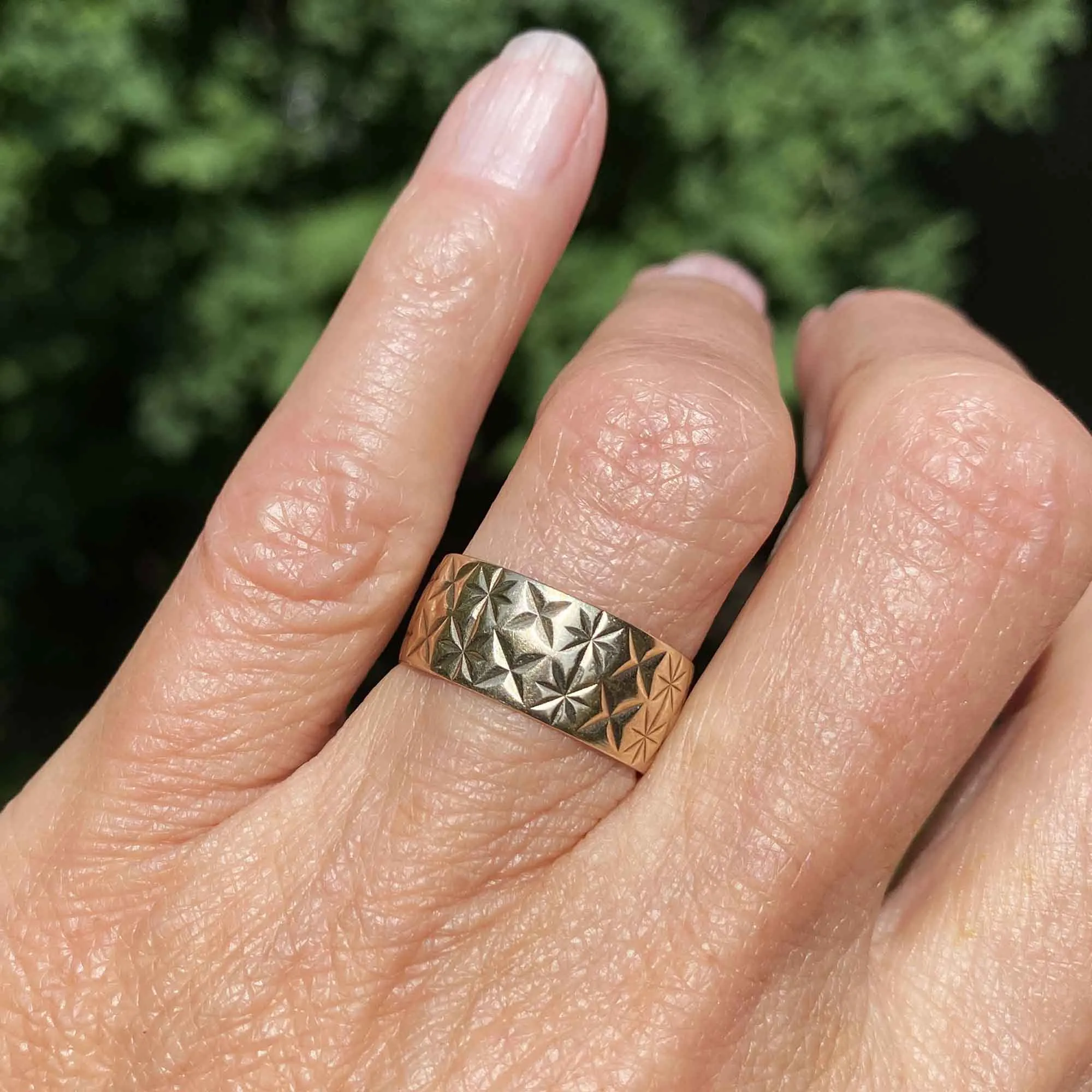 Vintage Wide Gold Eternity Band Star Design Ring