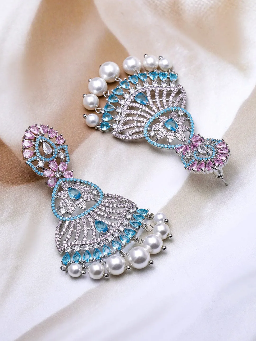 Voguish Rhodium-Plated Turquoise Blue & Pink AD & Cubic Zirconia Studded Pearl Drop Chandbali Earrings