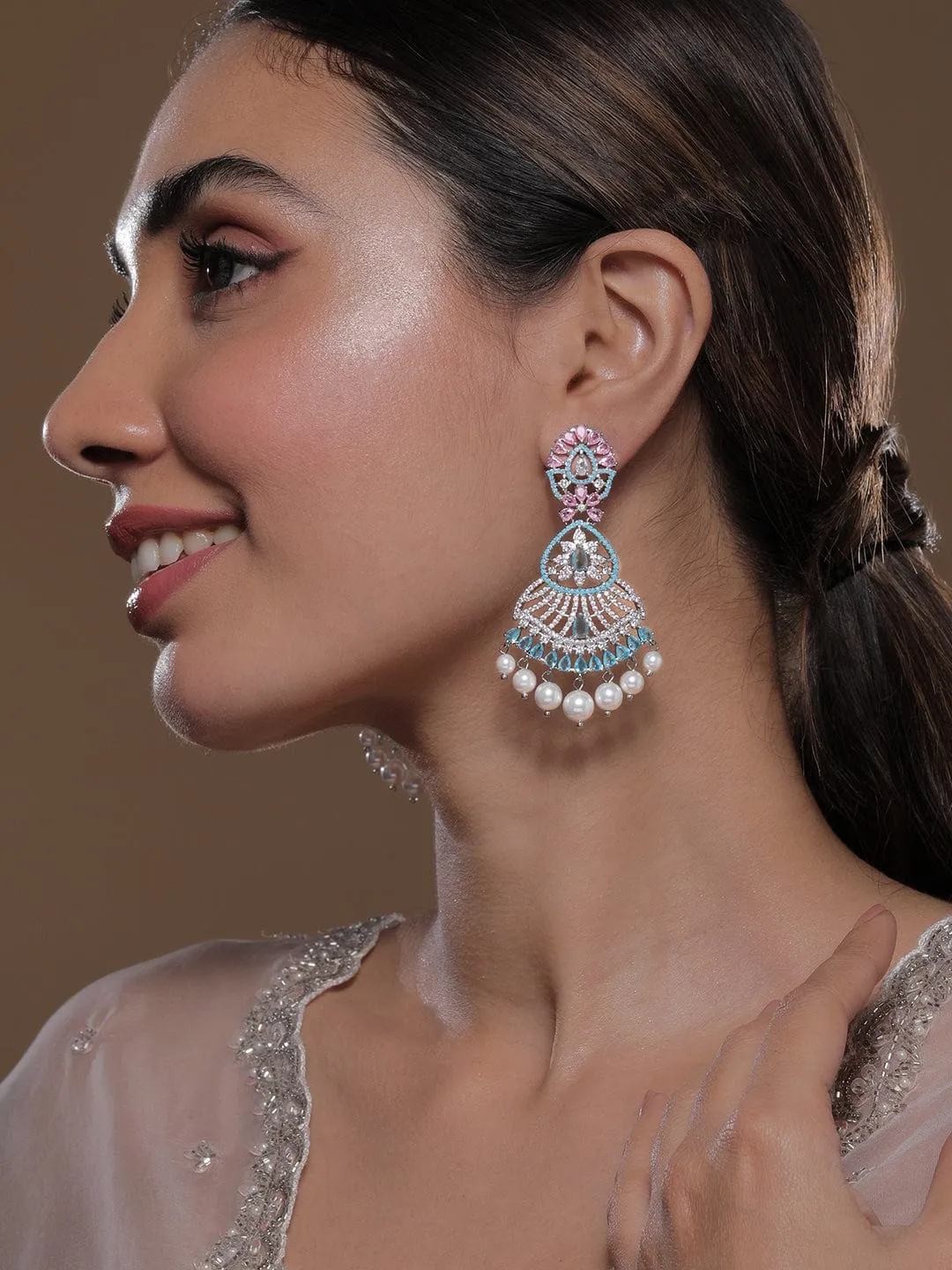 Voguish Rhodium-Plated Turquoise Blue & Pink AD & Cubic Zirconia Studded Pearl Drop Chandbali Earrings