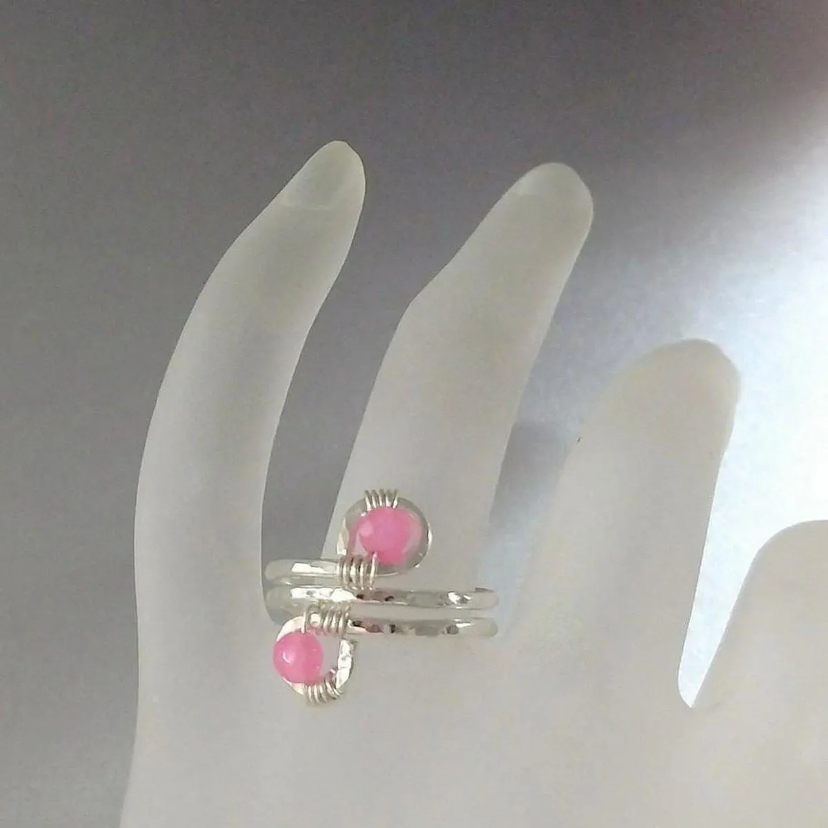 Wire wrapped Sterling Silver Pink Jade Adjustable Finger Toe Ring