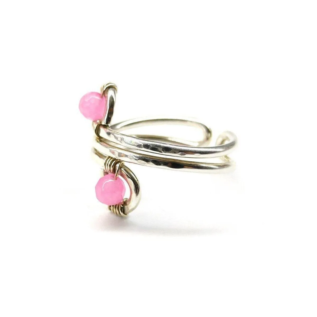 Wire wrapped Sterling Silver Pink Jade Adjustable Finger Toe Ring