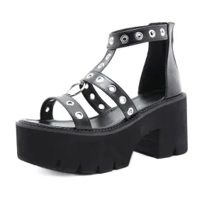 Women hollow studded strap 
chunky platform metal ring 
roman sandals