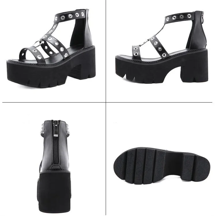 Women hollow studded strap 
chunky platform metal ring 
roman sandals