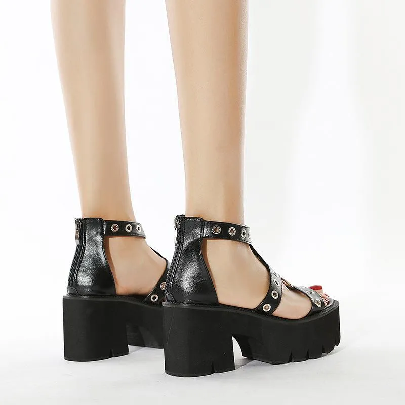 Women hollow studded strap 
chunky platform metal ring 
roman sandals