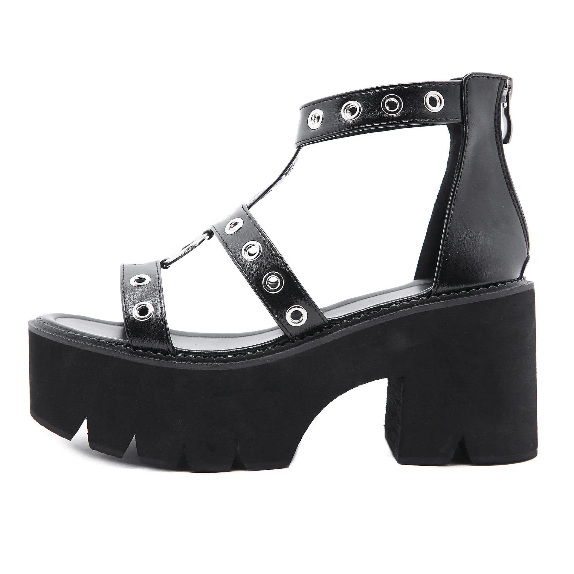 Women hollow studded strap 
chunky platform metal ring 
roman sandals