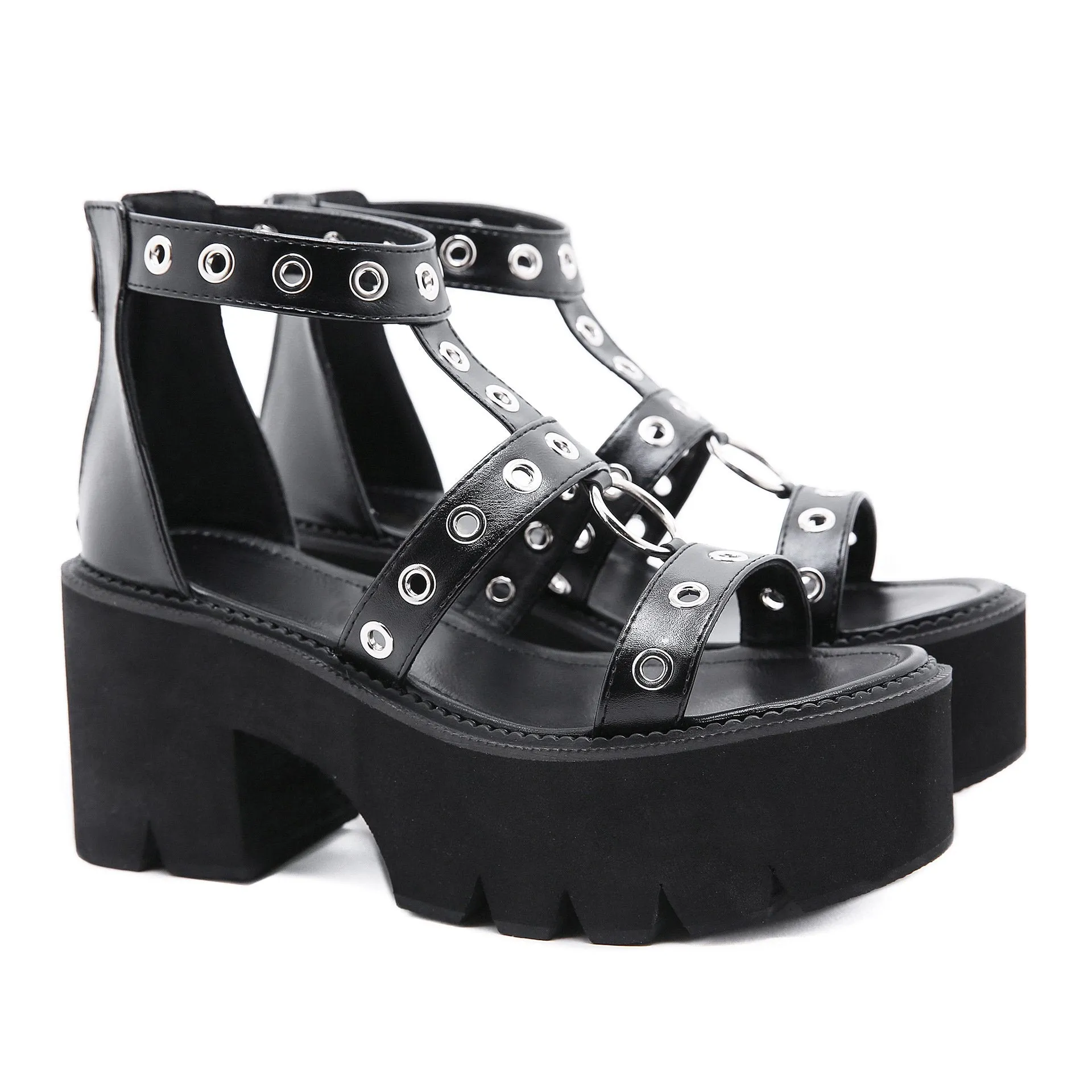 Women hollow studded strap 
chunky platform metal ring 
roman sandals