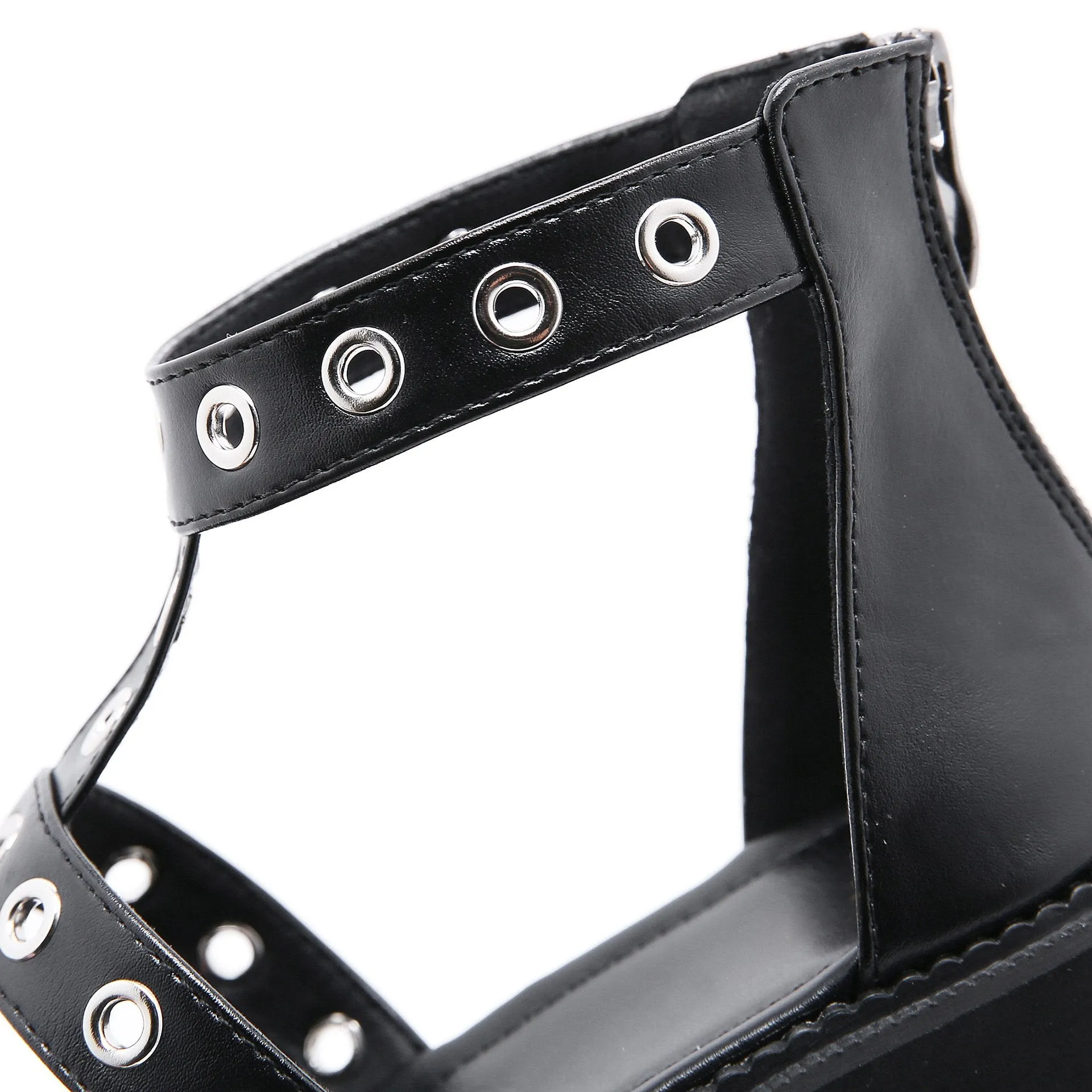 Women hollow studded strap 
chunky platform metal ring 
roman sandals
