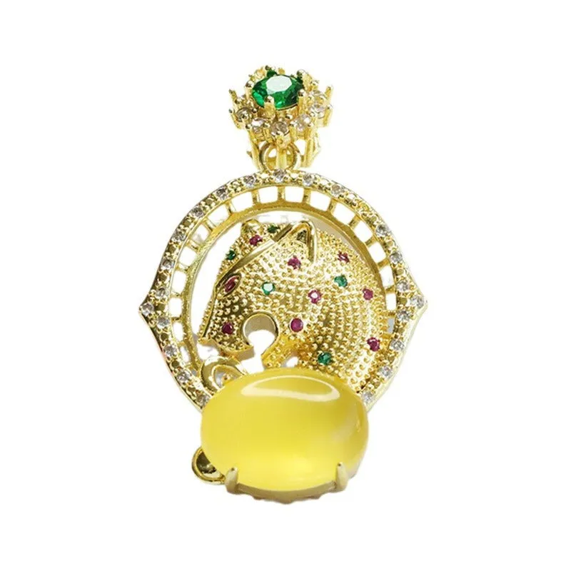 Yellow Amber Zircon Leopard Head Pendant Jewelry with Sterling Silver Honey Amber Gem