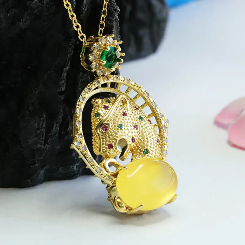 Yellow Amber Zircon Leopard Head Pendant Jewelry with Sterling Silver Honey Amber Gem
