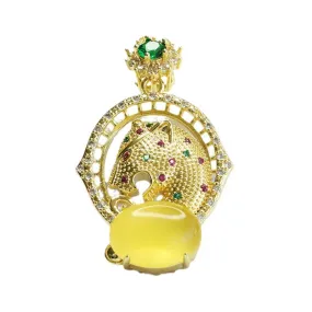 Yellow Amber Zircon Leopard Head Pendant Jewelry with Sterling Silver Honey Amber Gem