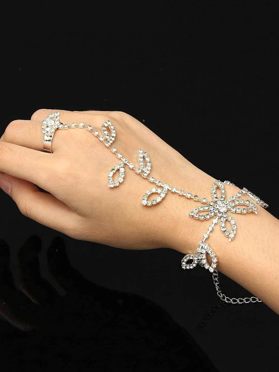 Yellow Chimes Ring Bracelet for Women and Girls Bracelet With Ring for Girls | Silver Toned Leaf Designed Ring Bracelet | Birthday Gift For Girls and Women