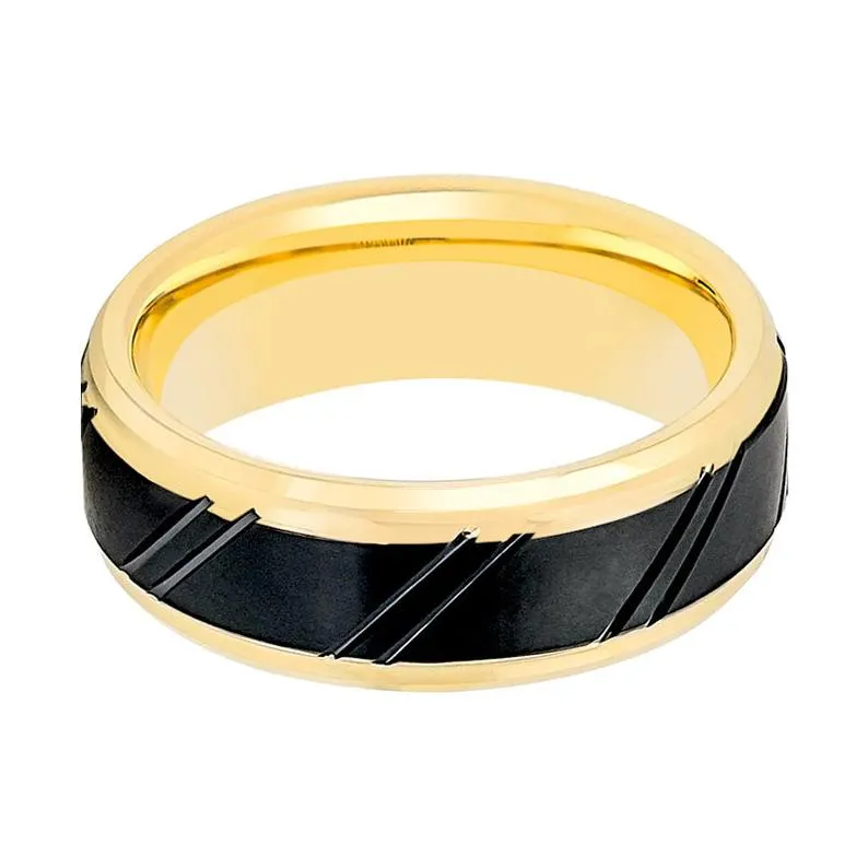 Yellow Gold Ring Stepped Edge with Black Diagonally Grooved Center Brushed Finish