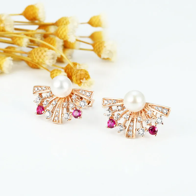 Zircon Fan with Freshwater Pearl Silver Studs Earrings for Women