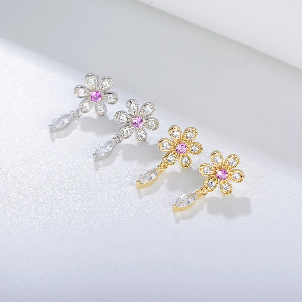 Zircon Flower Tassel Silver Drop Earrings for Women