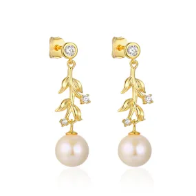 Zircon Leaf with Pearl Silver Drop Earrings for Women