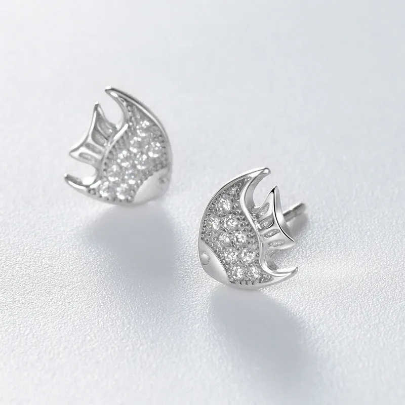 Zircon Little Angelfish Silver Stud Earrings for Women