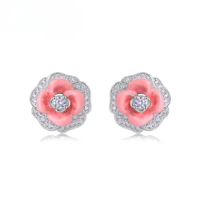 Zircon Red Camellia Flower Sterling Silver Stud Earrings
